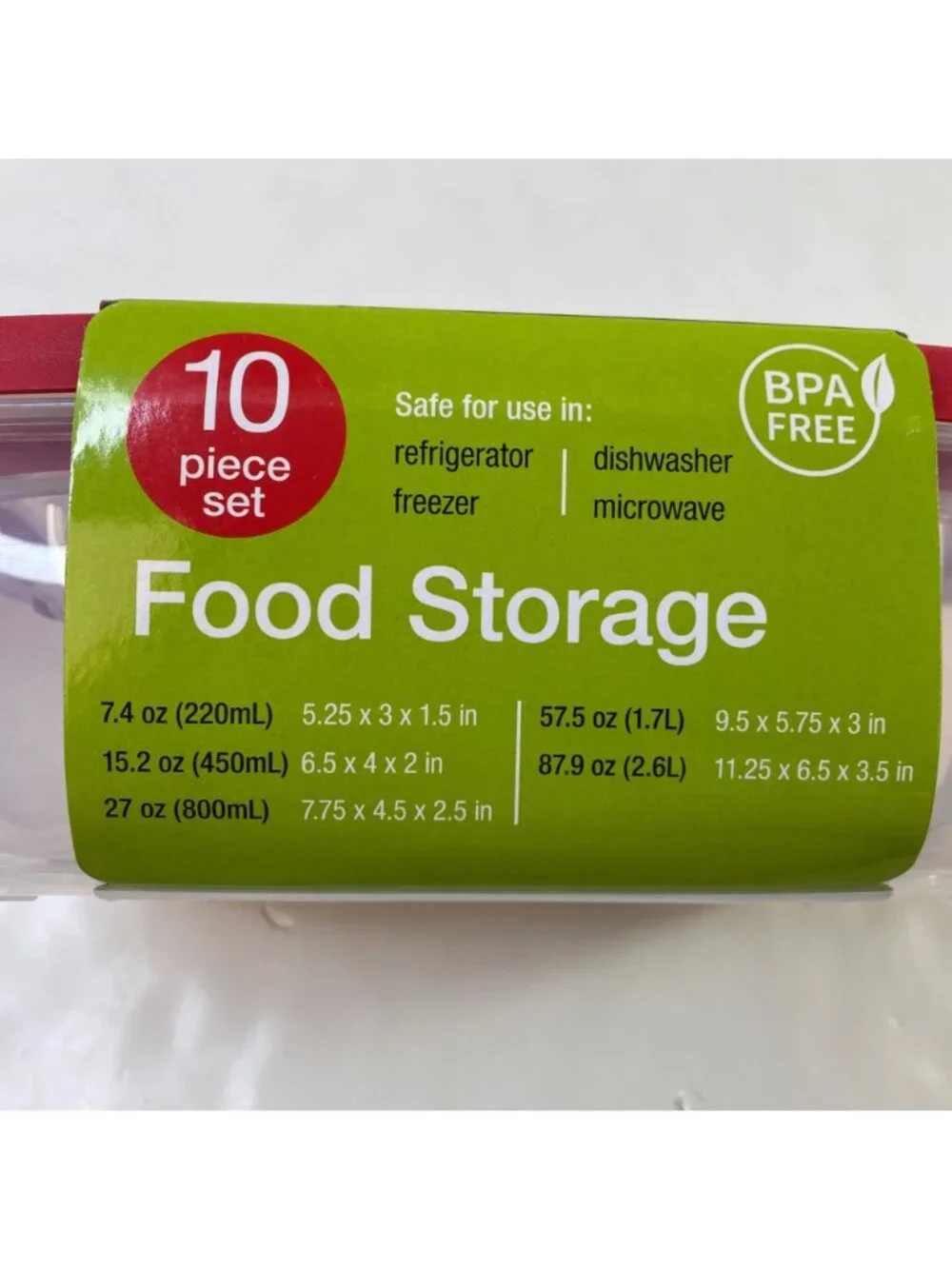 Totally Kitchen 10-Piece Food Storage Red Lids Microwave Freezer Dishwasher Safe